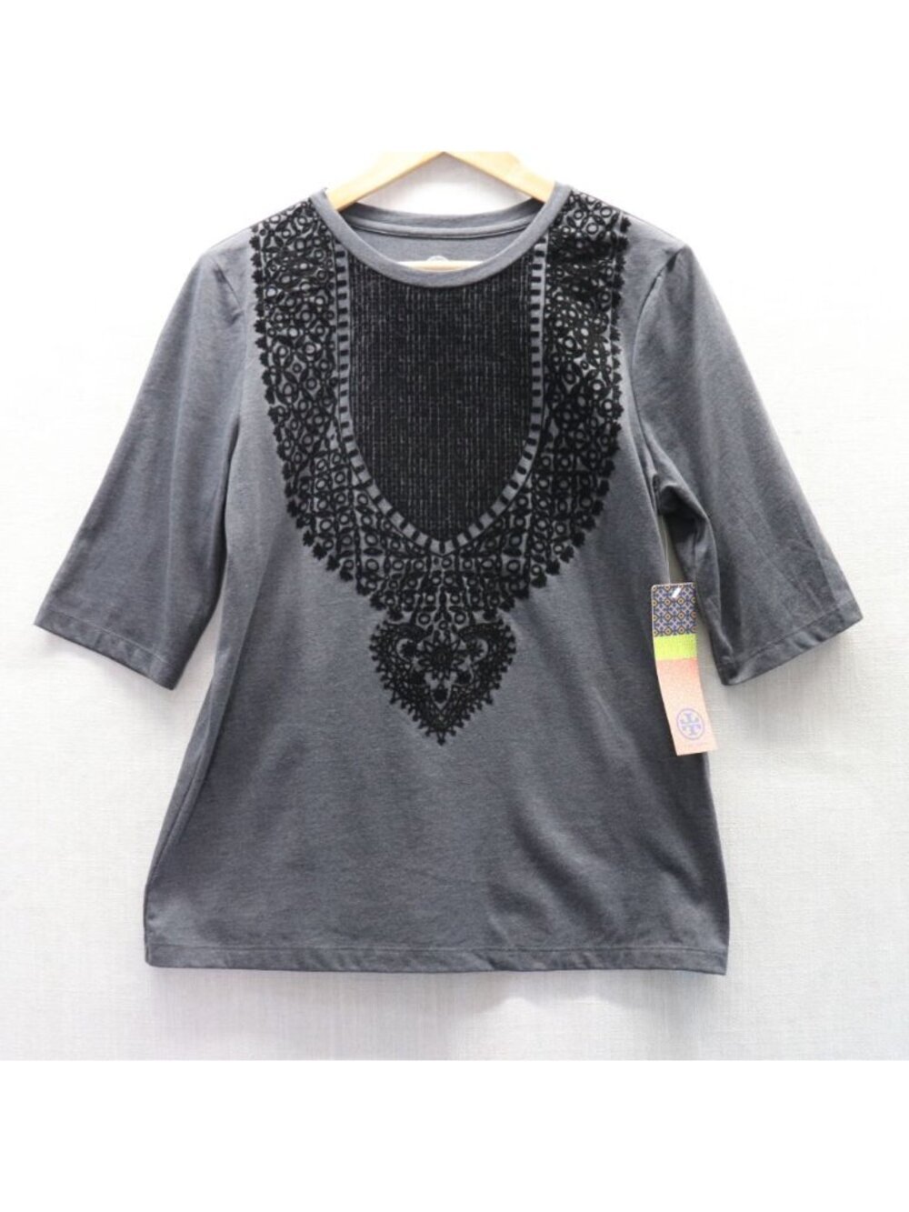 Tory Burch Estelle Tee Gray Velvet Embellished 3/4 Sleeve Top Large